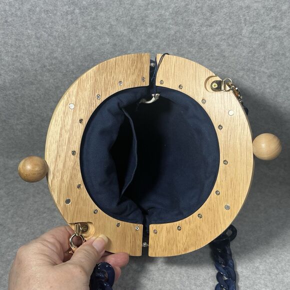 Pushi Blue Tweed Timber Handle Frame Clutch Detachable Strap Magnetic Closure - Picture 8 of 16